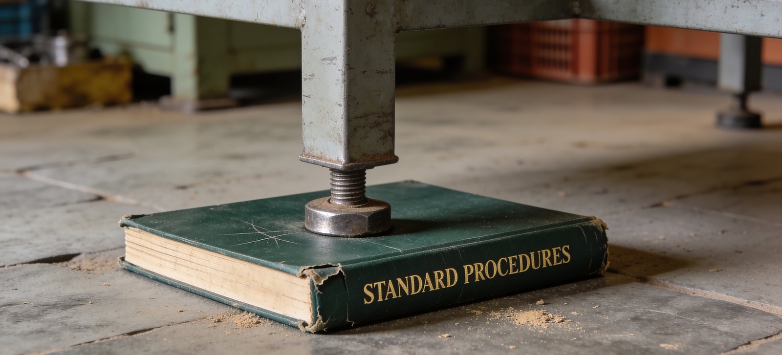 A thick procedures manual wedged under the short leg of a workbench to keep it level