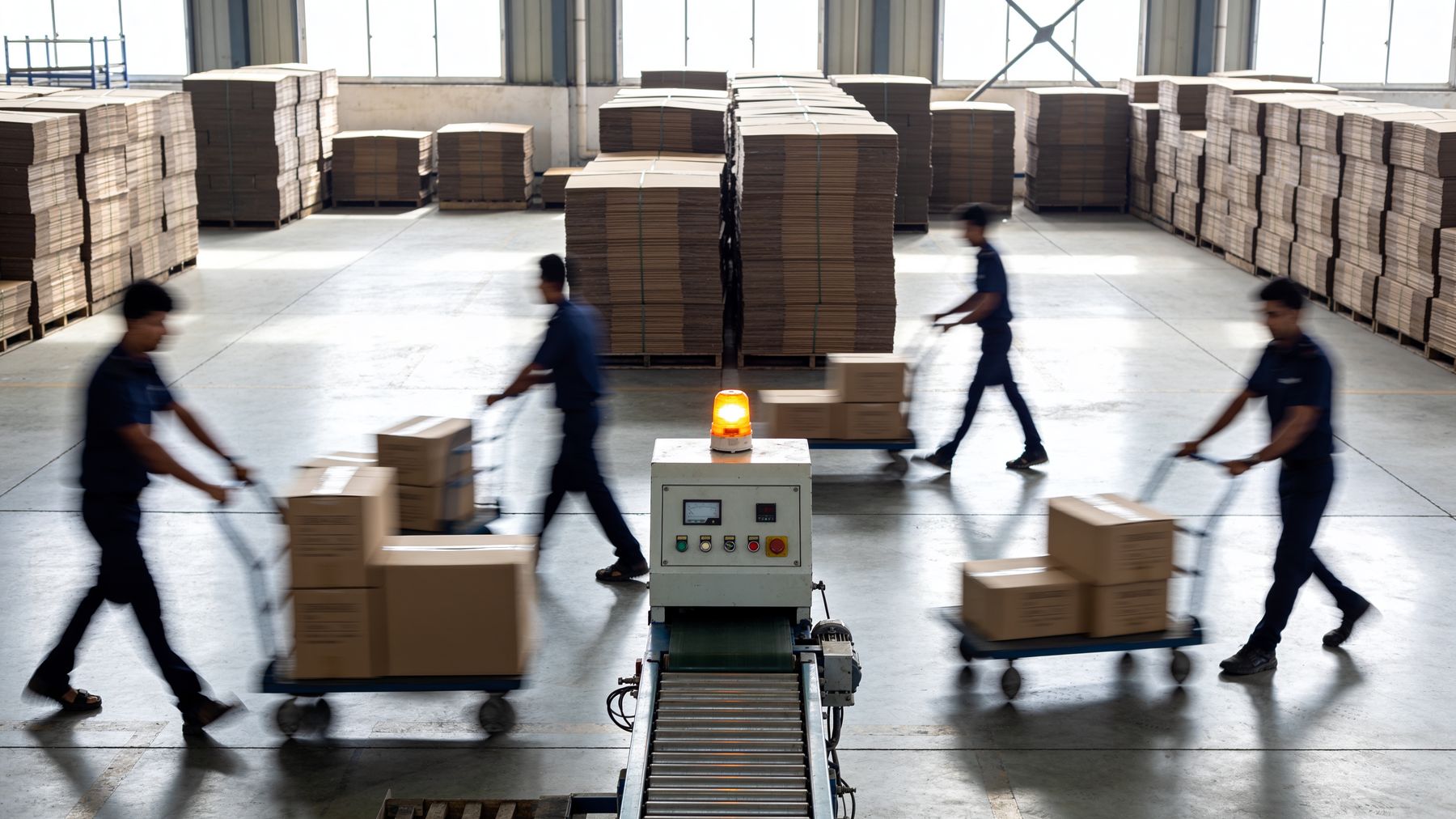 A factory dispatch floor in motion: workers pushing trolleys of cartons blur past a still machine whose amber warning light is on, unnoticed