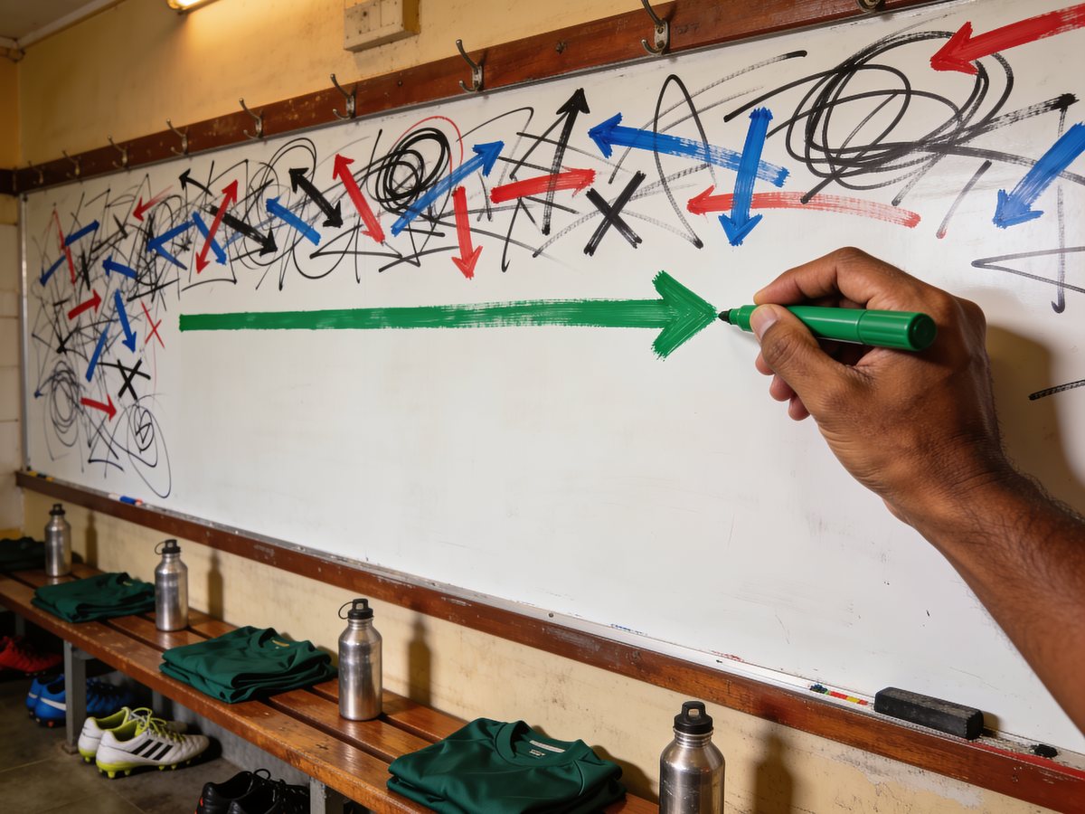 A half-time whiteboard covered in tangled marker arrows, with one clean green arrow being drawn through a wiped strip