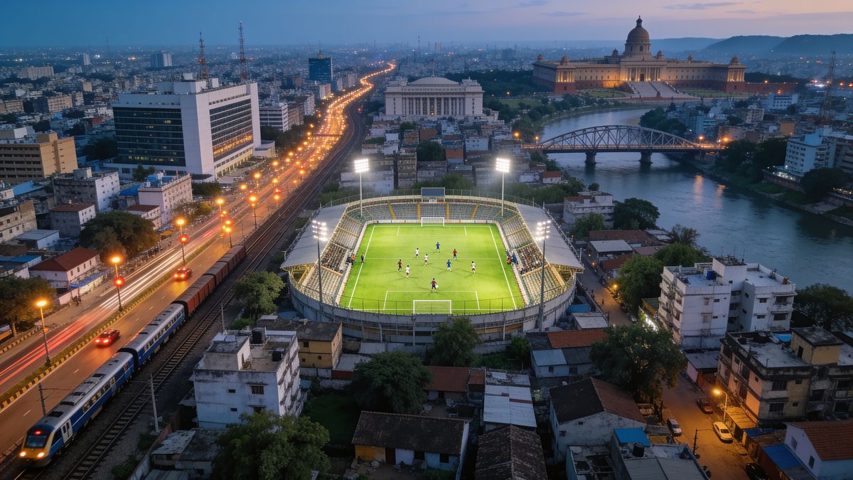 A floodlit football stadium seen from high above at dusk, small inside a city of roads, rail lines, a river, a bridge and domed public buildings