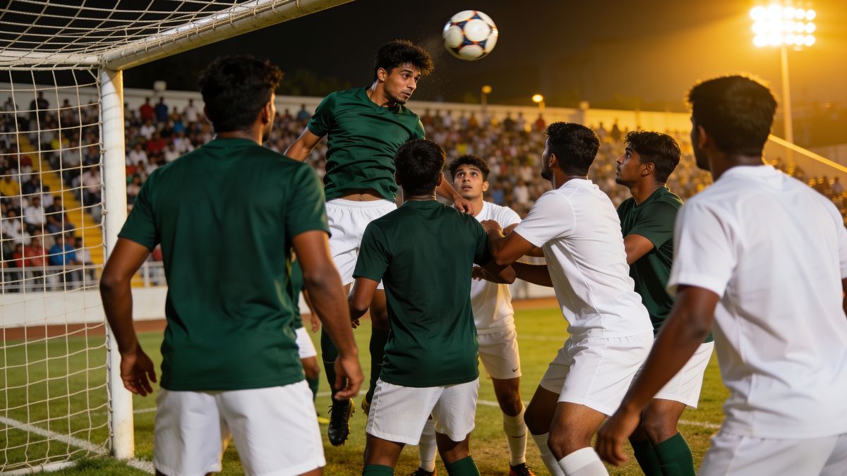 A corner kick under floodlights: one player in green rises above a crowded penalty box to meet the ball