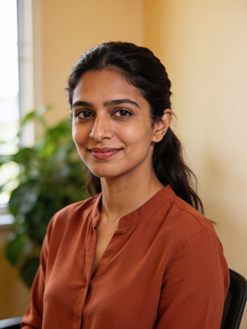 Portrait of Kavya Iyer, an associate, in a bright office