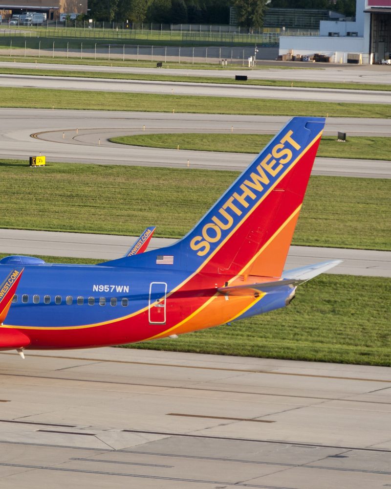 The tail of a Southwest Airlines Boeing 737 on a runway